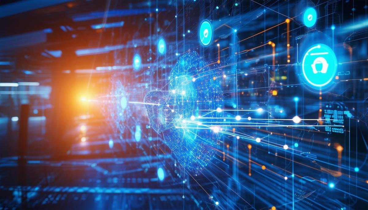 A visual depiction of AI-driven energy optimization techniques in telecom networks, such as augmented MIMO sleep and predictive traffic modeling.