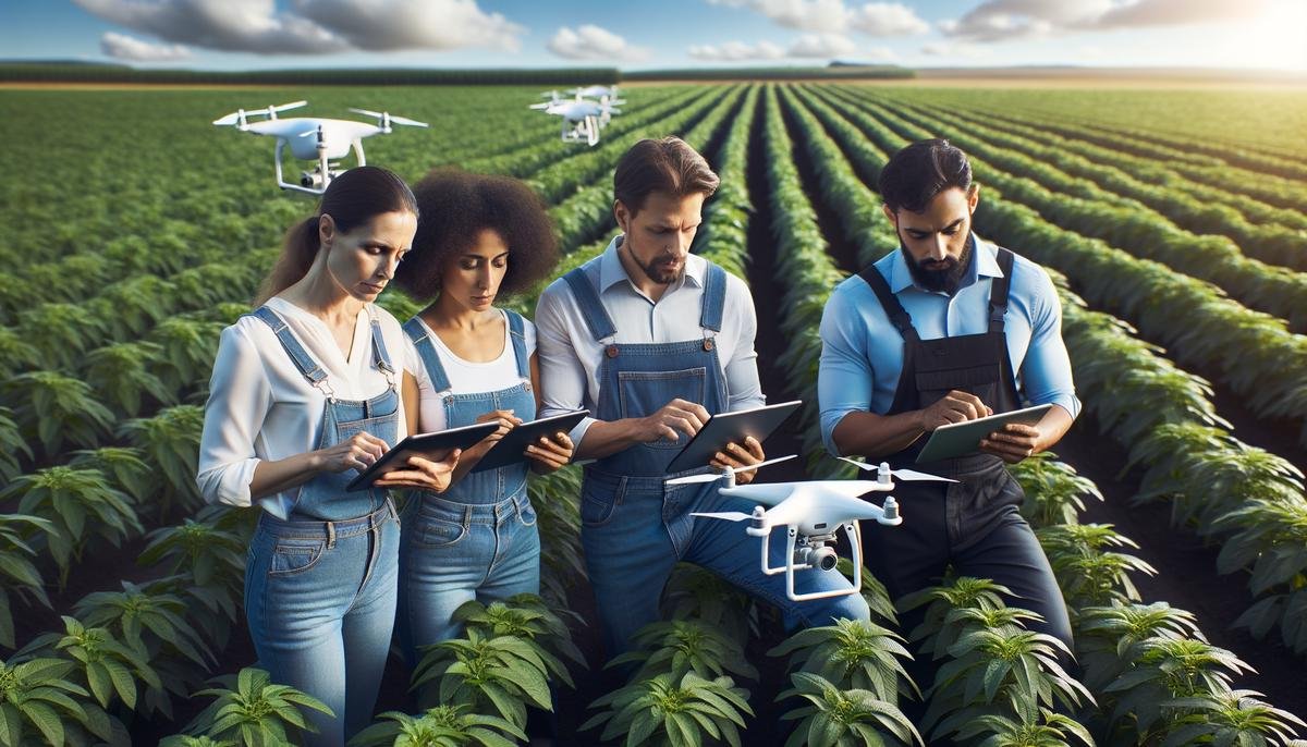 A farmer using a tablet with AI-powered crop management software in a lush field