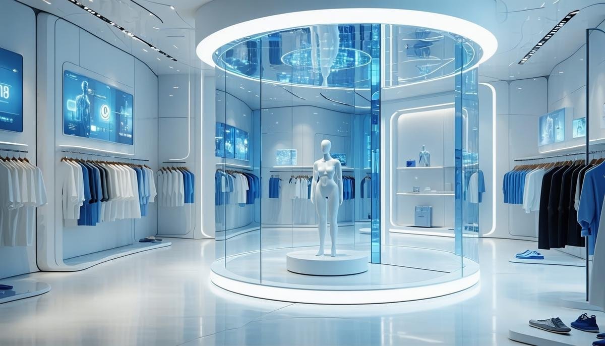 Futuristic fashion store with AI-powered smart mirrors and virtual assistants