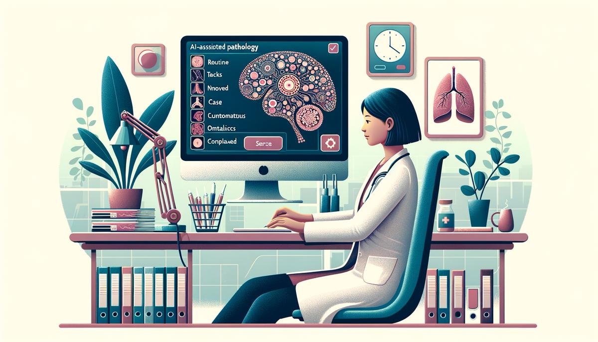 An image showcasing how AI streamlines pathology workflows, automating tasks and allowing pathologists to focus on more complex cases, ultimately reducing burnout and improving efficiency.