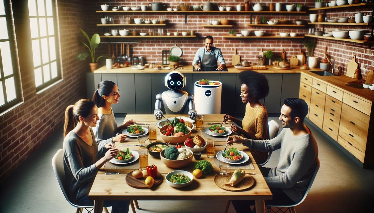 A diverse group of people enjoying a meal prepared by Nymble's AI kitchen assistant, with the robot visible in the background