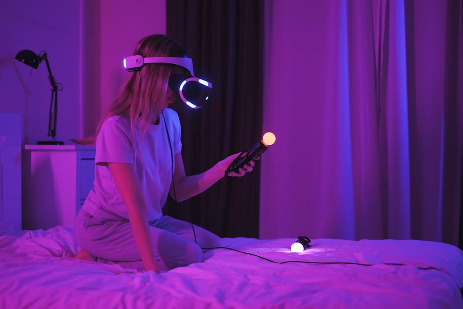 A person wearing a VR headset interacting with an AI-generated virtual world, with AR elements visible in the background