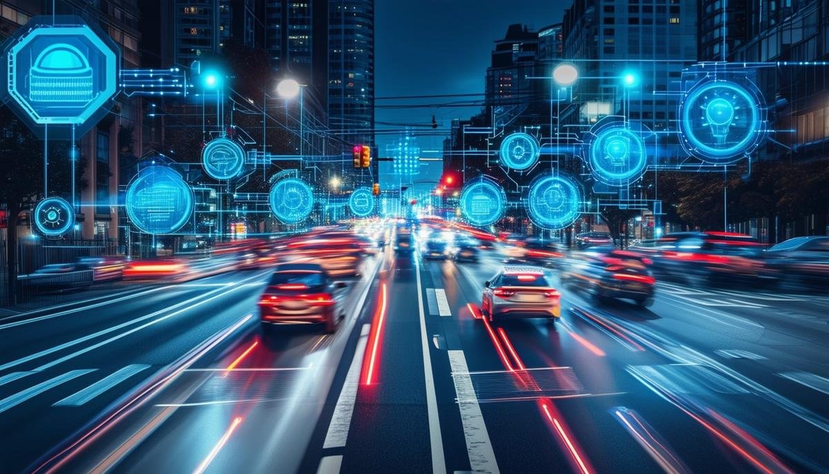 A smart traffic system adjusting traffic lights in real-time, with AI processing data from IoT sensors