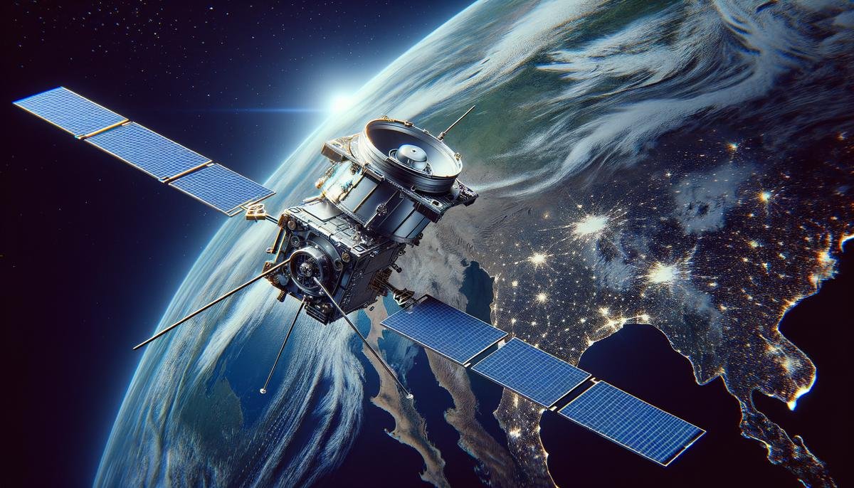 An AI-powered satellite orbiting Earth, monitoring environmental changes and collecting data on deforestation and pollution levels.