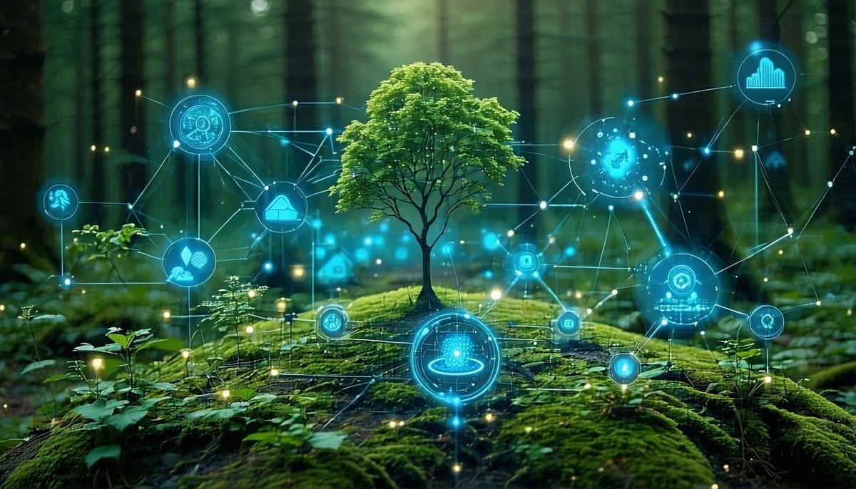 A network of environmental sensors in various ecosystems connected to a central AI system