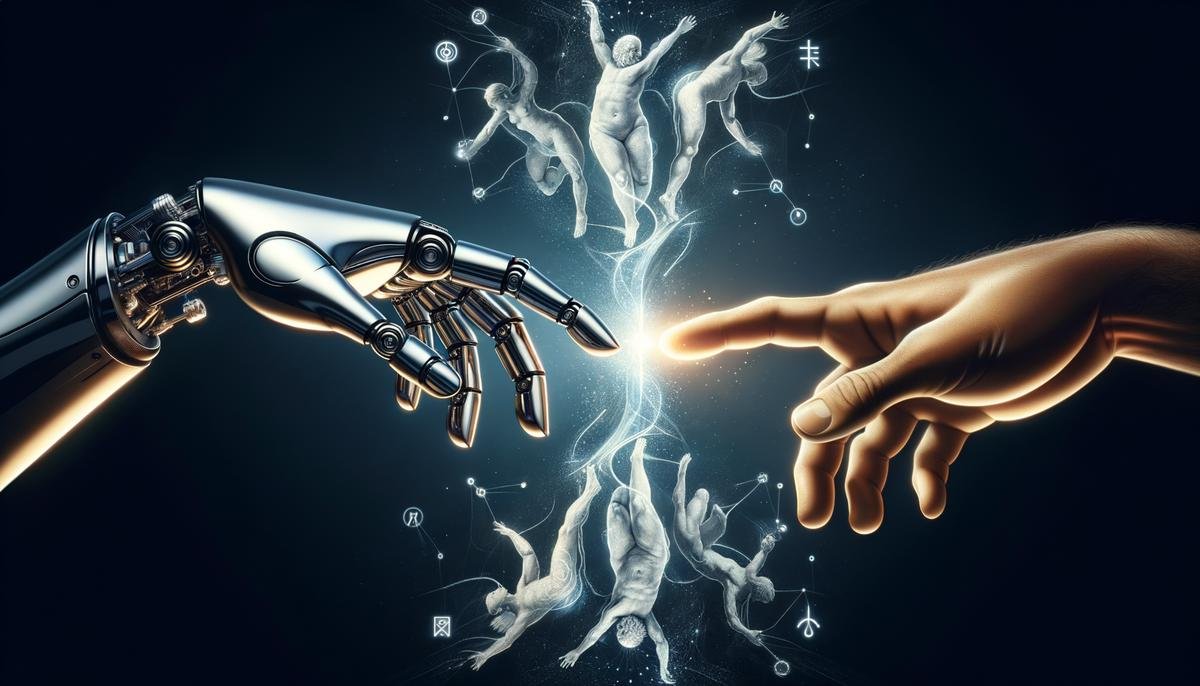 A symbolic representation of AI ethical challenges with a robot hand and human hand reaching towards each other