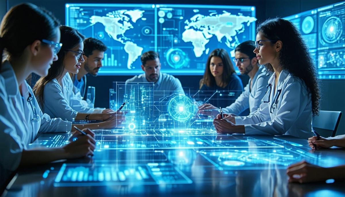 A diverse group of scientists and ethicists discussing AI and climate solutions around a table with holographic displays of data and ethical considerations