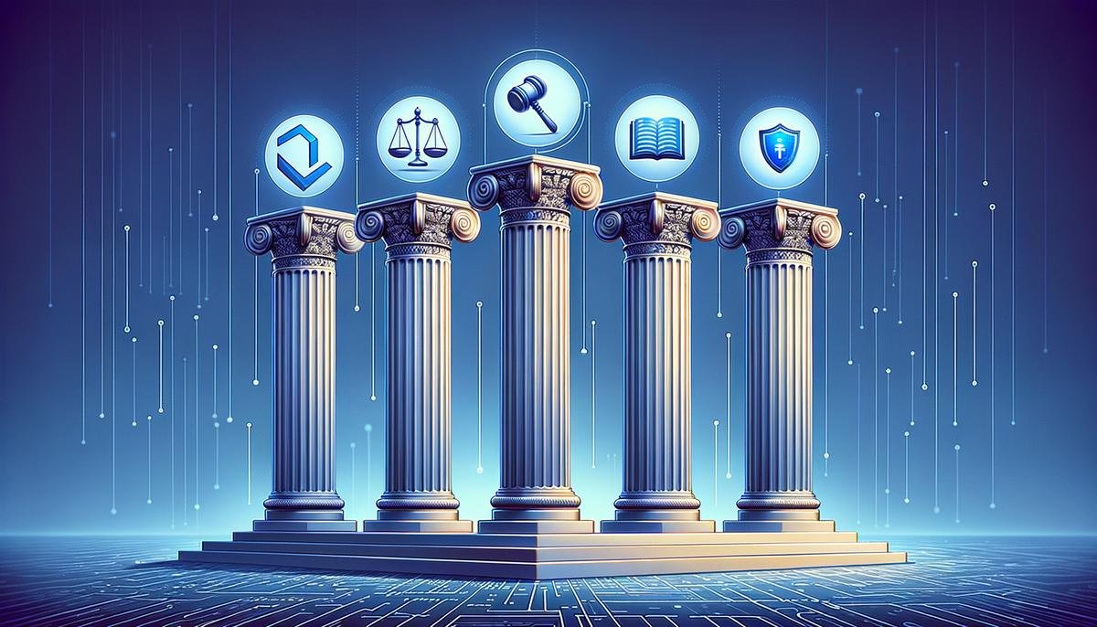 An illustration showing the pillars of AI ethics: fairness, transparency, accountability, privacy, and safety