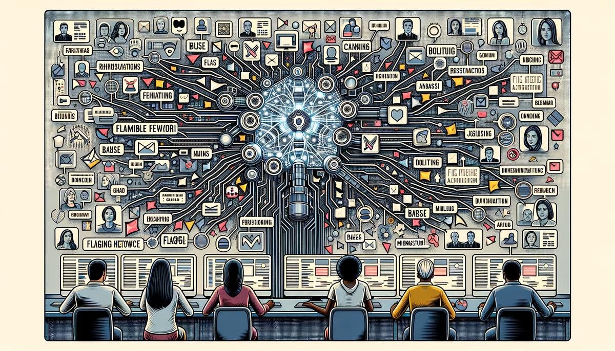 AI system scanning multiple news sources to detect bias and misinformation, with visual representation of flagged content