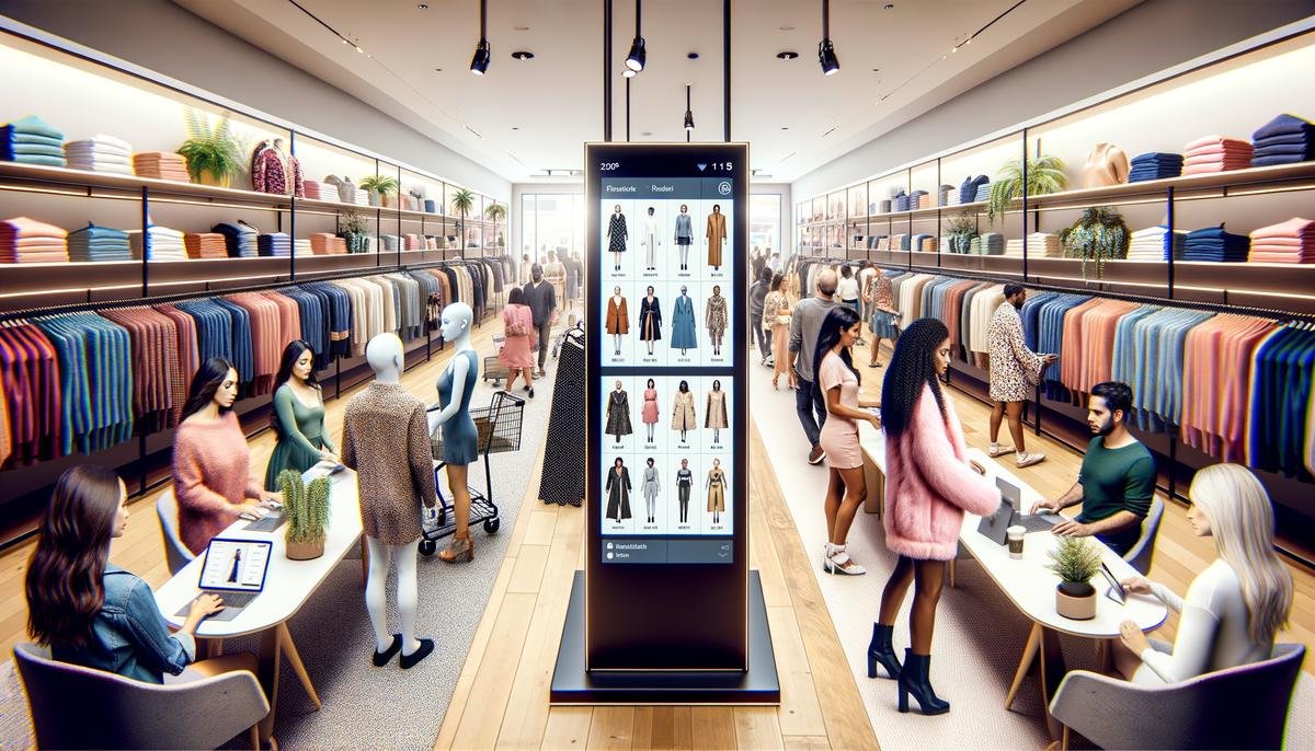 A split-screen showing traditional clothing racks alongside an AI-powered digital fashion display