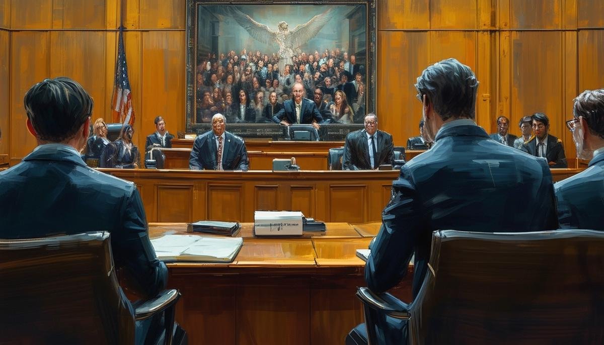 A courtroom scene with AI-generated art displayed as evidence and lawyers arguing intellectual property rights