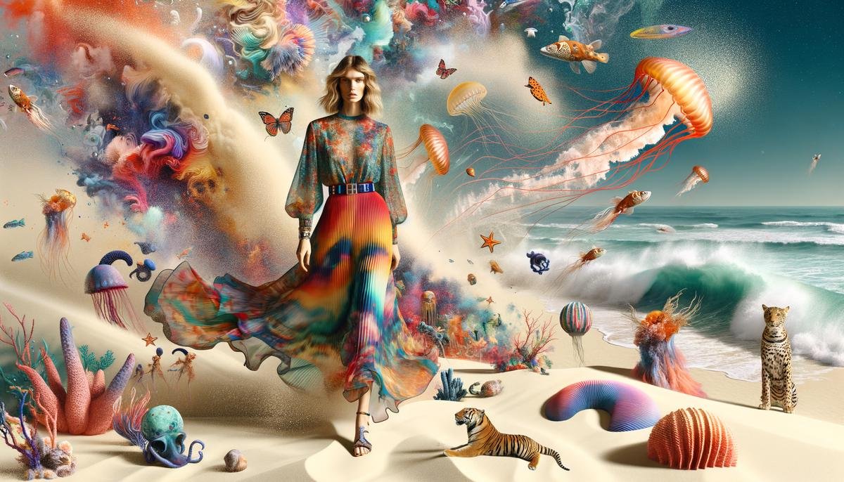 A striking and unconventional fashion advertising image generated by DALL-E 2, featuring a model wearing a summer dress on a beach surrounded by surreal elements like sand creatures and floating marine life, illustrating the innovative use of AI in creating unique marketing visuals.
