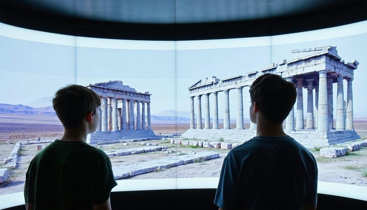 Students interacting with a highly detailed AI-driven historical simulation of ancient Greece