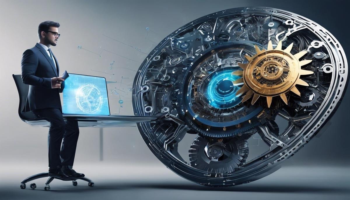 Image depicting the challenges in integrating AI into cybersecurity, representing the delicate balancing act through interconnected gears symbolizing complexity, with a shield representing security and an AI brain representing artificial intelligence.