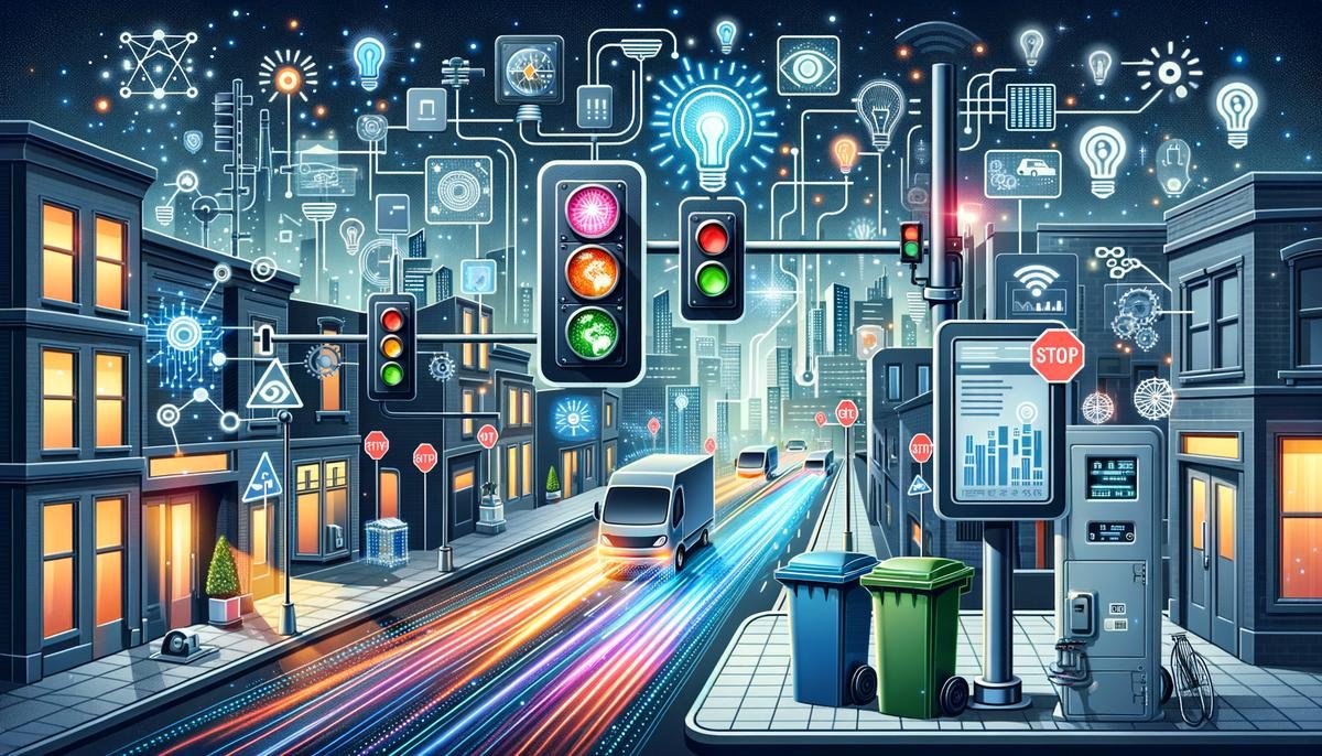 Illustration of AI analyzing data from various IoT devices in a smart city