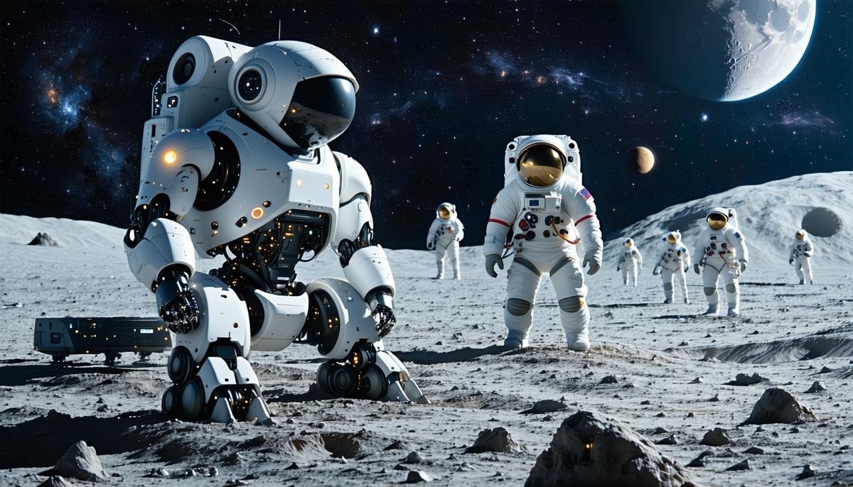 An AI-managed lunar base with robots and human astronauts working together