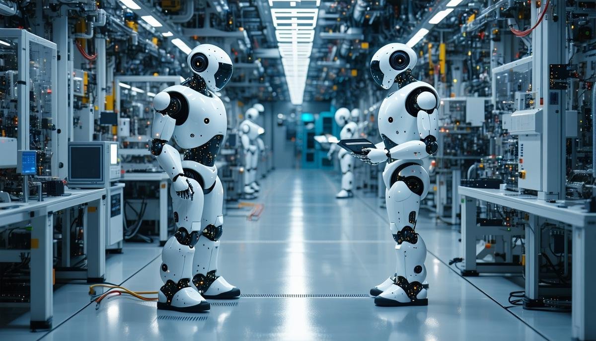 AI-powered robots performing various tasks in a high-tech manufacturing facility