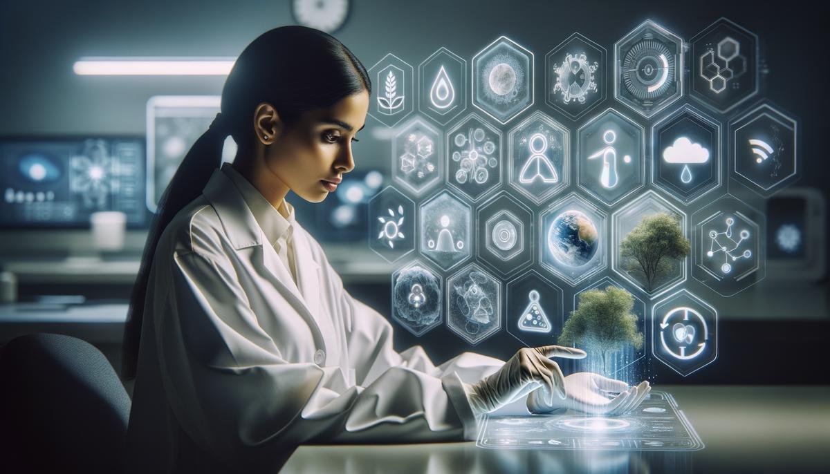 A scientist comparing different AI models for environmental analysis on holographic displays