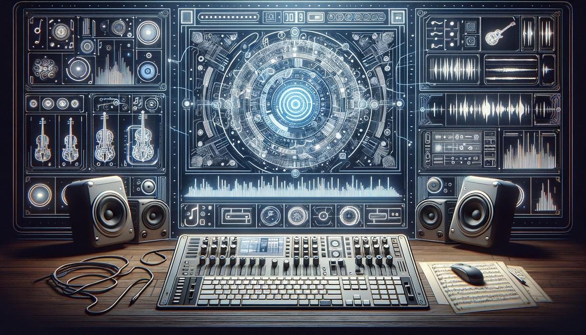 A futuristic interface displaying AI-generated musical compositions and patterns