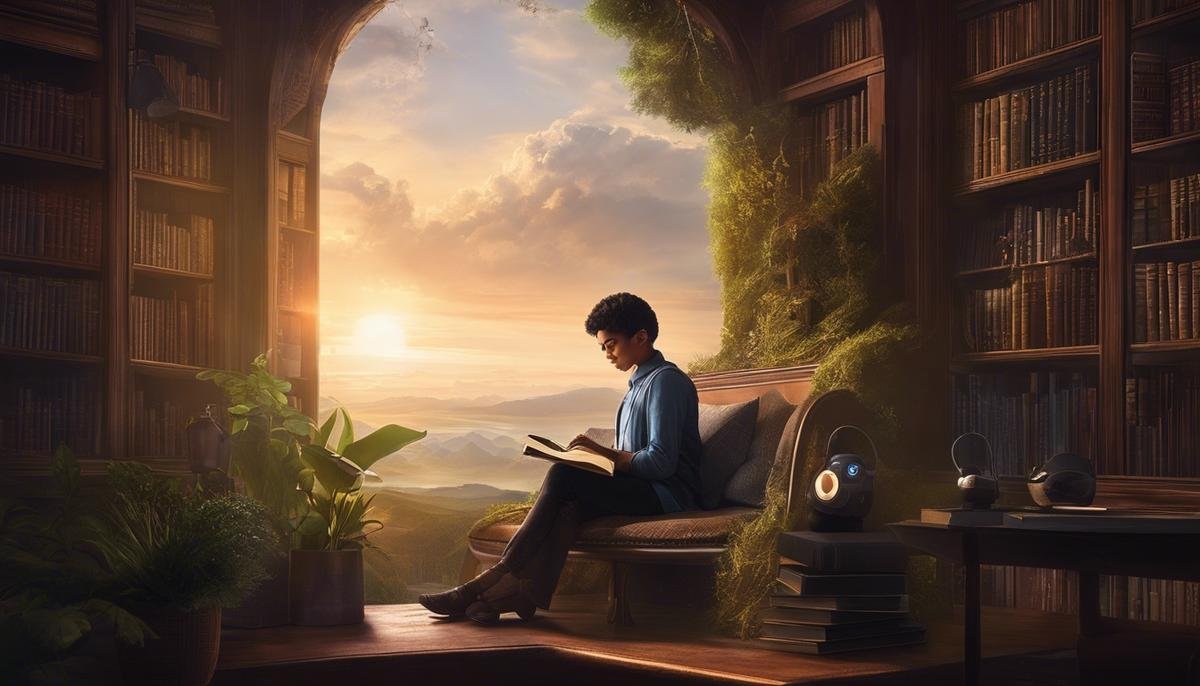 An image depicting a person reading a book while a digital assistant with an AI avatar narrates the audiobook.
