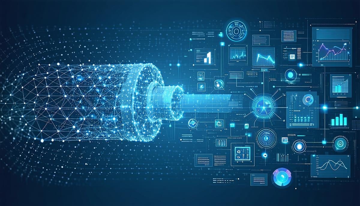 A visual representation of a digital twin network alongside its physical counterpart, with AI analytics optimizing performance