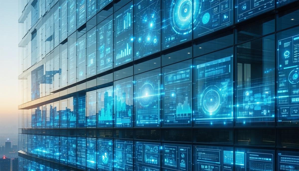 An office building with visible AI-controlled systems for energy management
