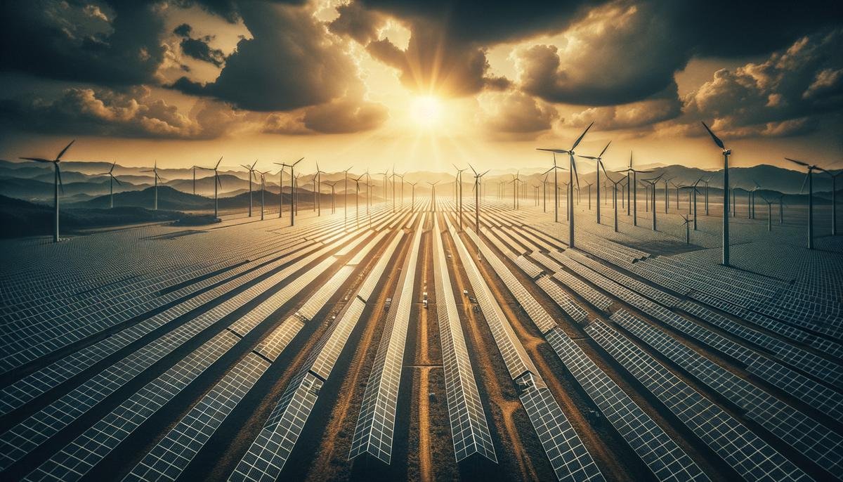 An aerial view of a large solar farm with panels adjusting their position, showcasing AI-driven optimization of renewable energy sources