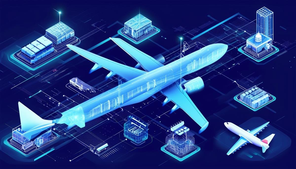 A digital illustration showcasing AI-powered systems optimizing various aspects of aviation operations, such as flight paths, fuel efficiency, and ground logistics.