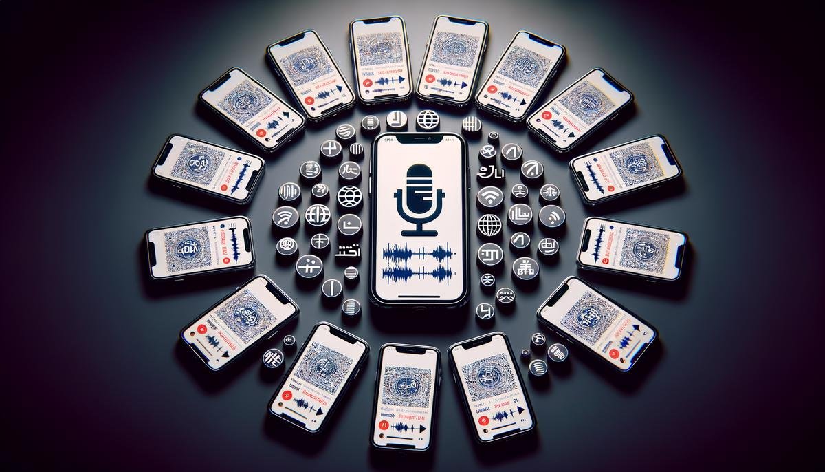 Multiple smartphones displaying the same podcast in different languages, with AI translation symbols connecting them