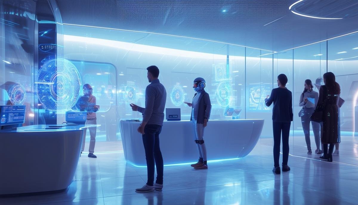 A futuristic bank branch with customers interacting with AI-powered services and holographic displays