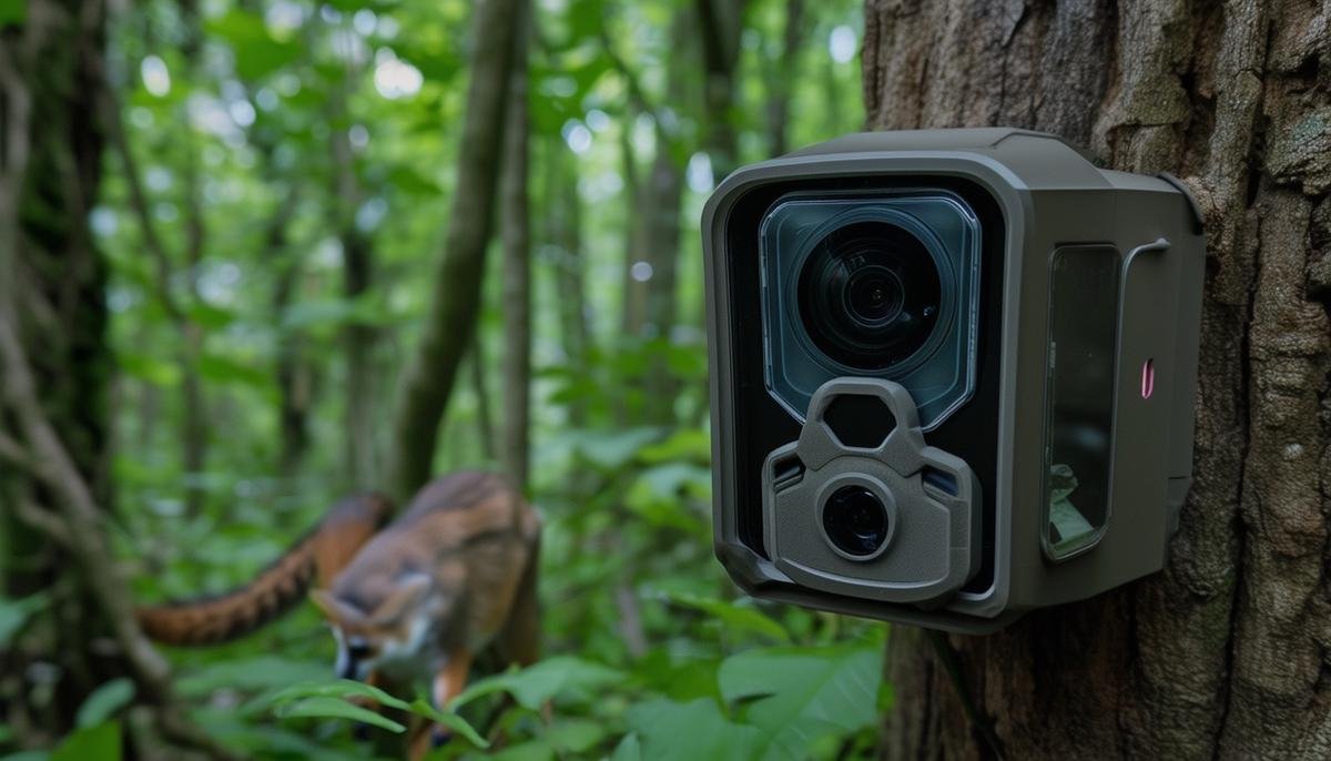 An AI-powered camera trap set up in a forest, capturing images of shy and nocturnal animals that researchers might never see in person.