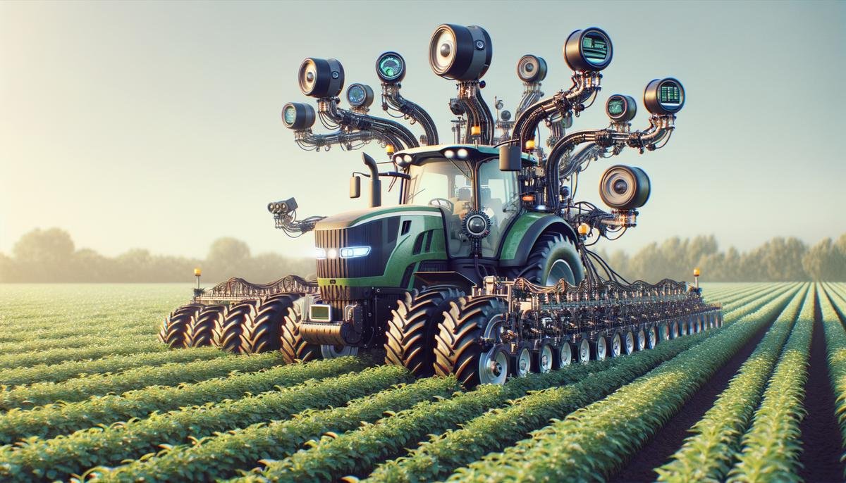 An AI-powered tractor using computer vision to analyze crops in a field