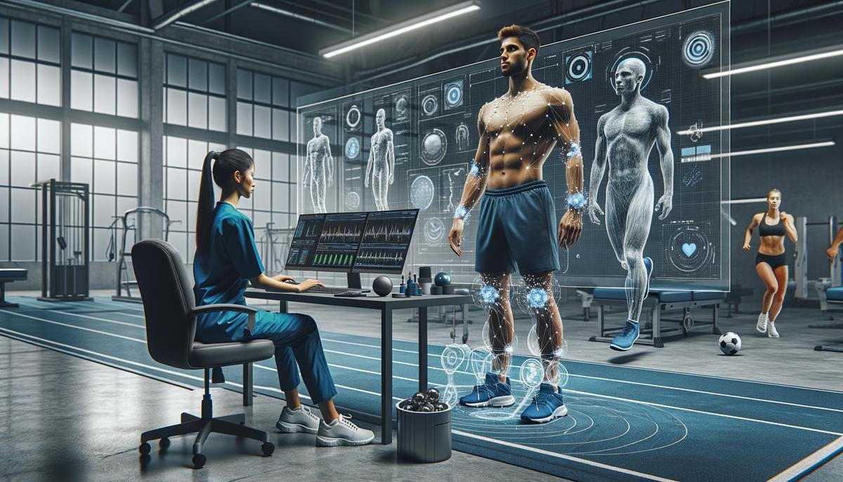 A sports medical professional using AI tools to analyze an athlete's biomechanics and prevent potential injuries