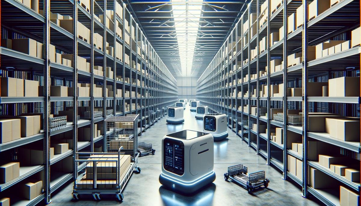 A warehouse with AI-controlled robots efficiently managing inventory