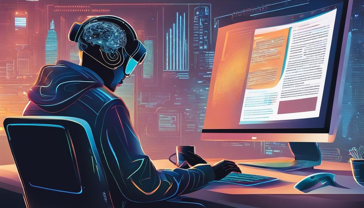 Illustration of a person sitting at a computer and using an AI-powered search engine to find information.