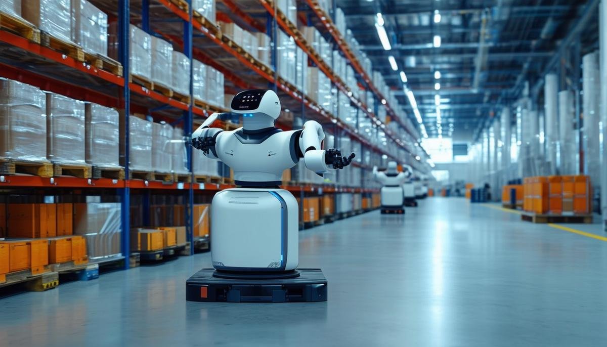 A futuristic warehouse with AI-controlled robots efficiently managing inventory and logistics