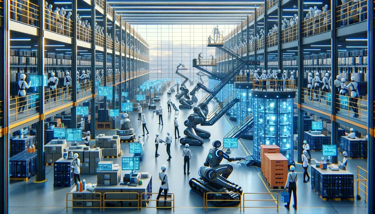 Futuristic warehouse with AI-powered robots working alongside human staff to manage operations