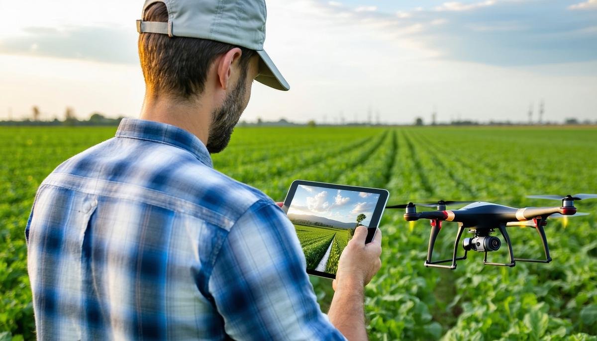 A farmer using a tablet to control AI-driven agricultural drones and smart irrigation systems in a vast crop field