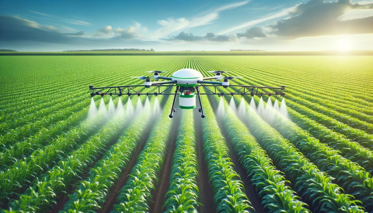 An agricultural drone applies water, fertilizer, and pesticides to crops in a targeted manner, showcasing AI-driven precision farming techniques that conserve resources and maximize crop yields
