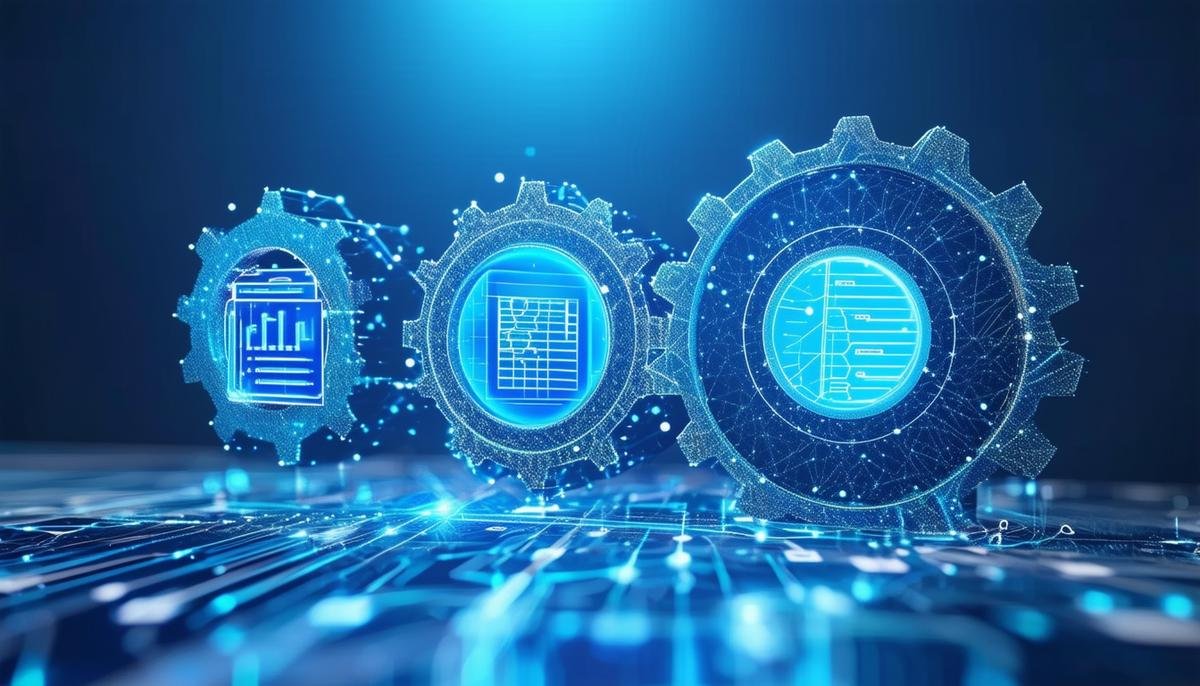 Three interconnected gears representing data, algorithms, and predictions, the key components of AI Predictive Analytics, with holographic displays showing examples of each component