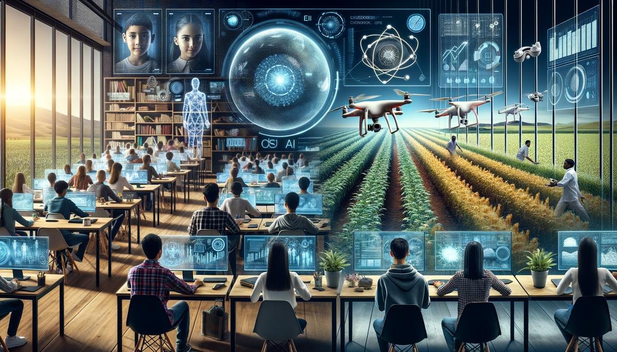 A futuristic classroom and farm showcasing innovative applications of AI Predictive Analytics in education and agriculture