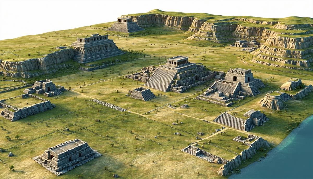 A 3D reconstruction of an ancient landscape based on AI predictive modeling, showing potential archaeological sites