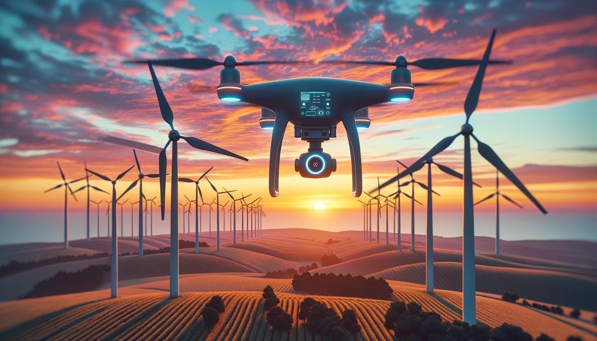 An AI-powered drone monitoring a wind turbine farm at sunset, with the turbines silhouetted against a stunning orange and pink sky.