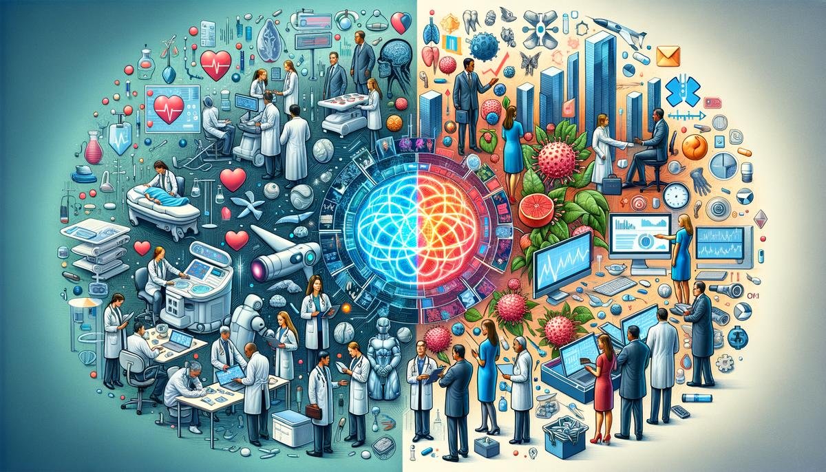 An illustration showcasing the impact of AI in healthcare and finance. The healthcare scene depicts AI analyzing medical images for early disease detection and assisting with patient care. The finance scene shows AI models predicting market trends, detecting fraud, and automating repetitive tasks.
