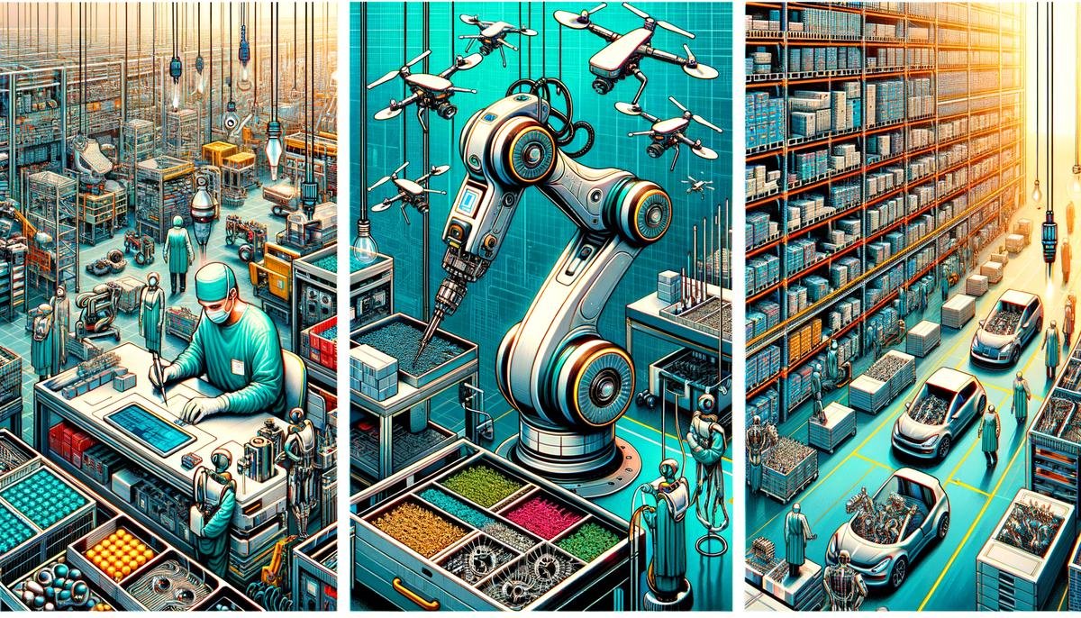 A collage showing AI-powered robots in manufacturing, healthcare, and logistics settings