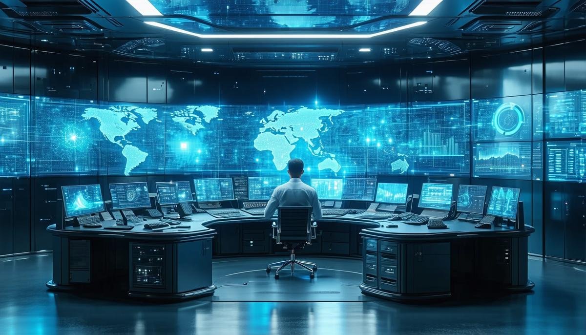 A futuristic control room with holographic displays showing various aspects of smart city management