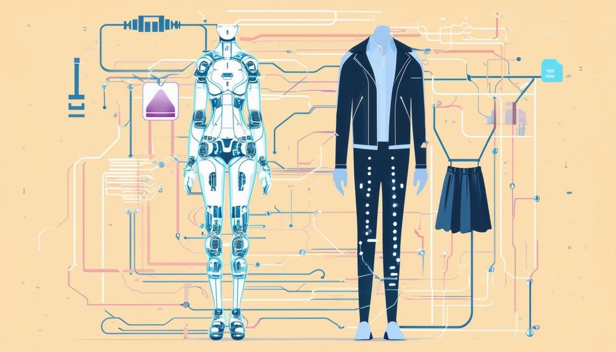 An illustration of an AI system represented by circuitry working in tandem with a human stylist to provide personalized fashion recommendations.