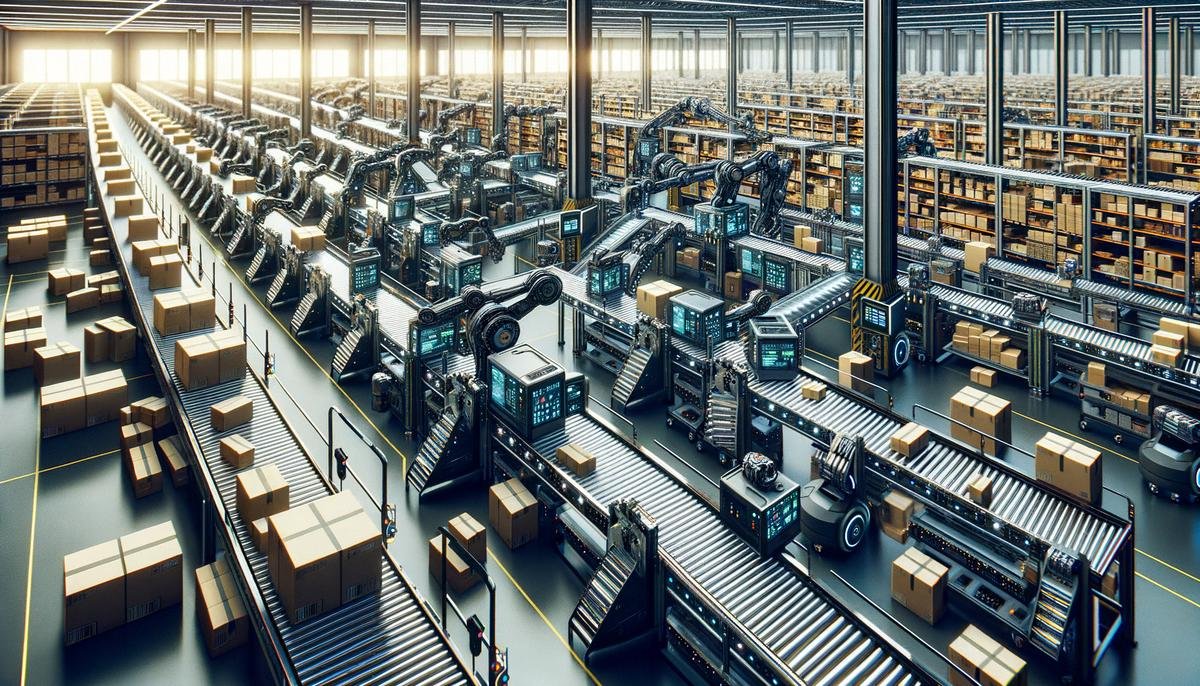 A modern warehouse or distribution center, with robotic systems, automated conveyor belts, and AI-driven inventory management systems working efficiently to sort and distribute fashion products.