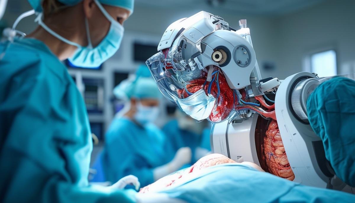 An advanced surgical robot enhanced with artificial intelligence, accurately navigating complex anatomical structures during a procedure