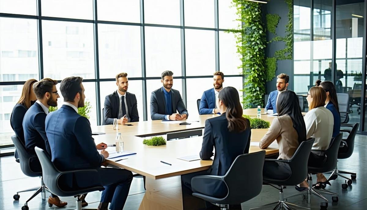 A boardroom meeting with Microsoft executives and environmental activists discussing AI and sustainability